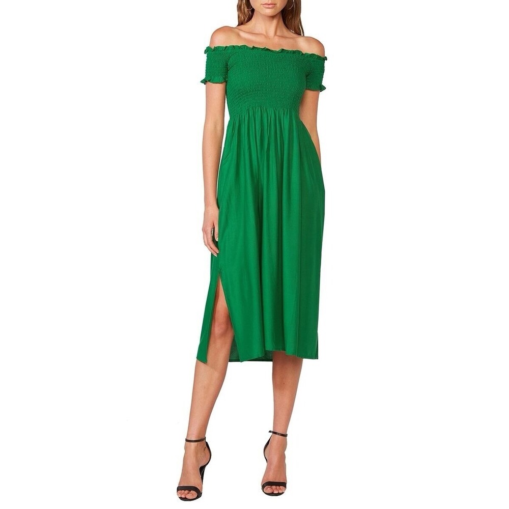 Bardot Cindy Off The Shoulder Dress Green Size 12 XL Smocked Midi Viscose Preppy